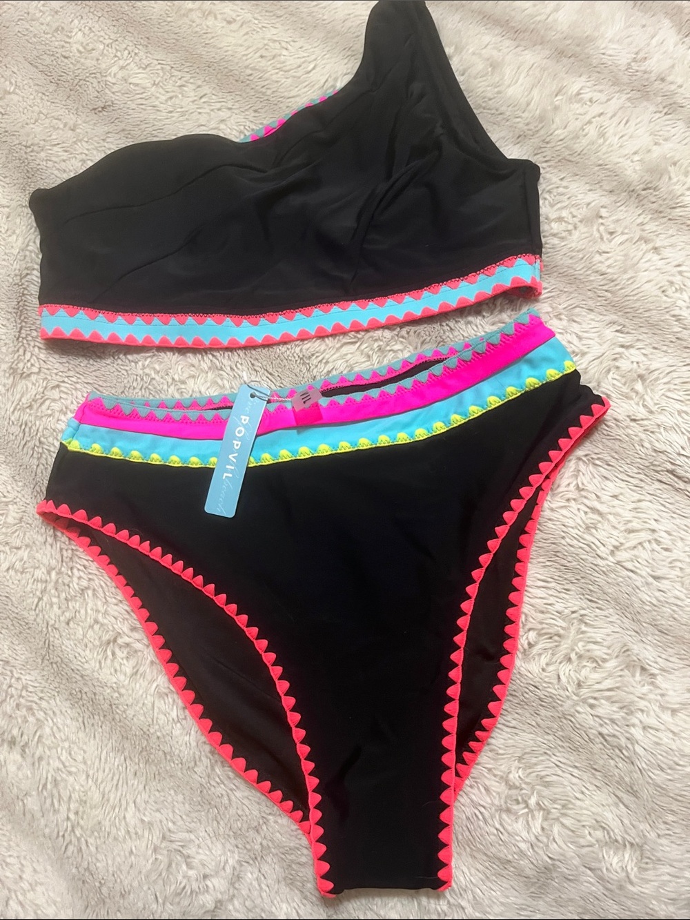 Popvil Black  Bikini Set with Neon Pink, Turquoise & Yellow Trim Size Medium